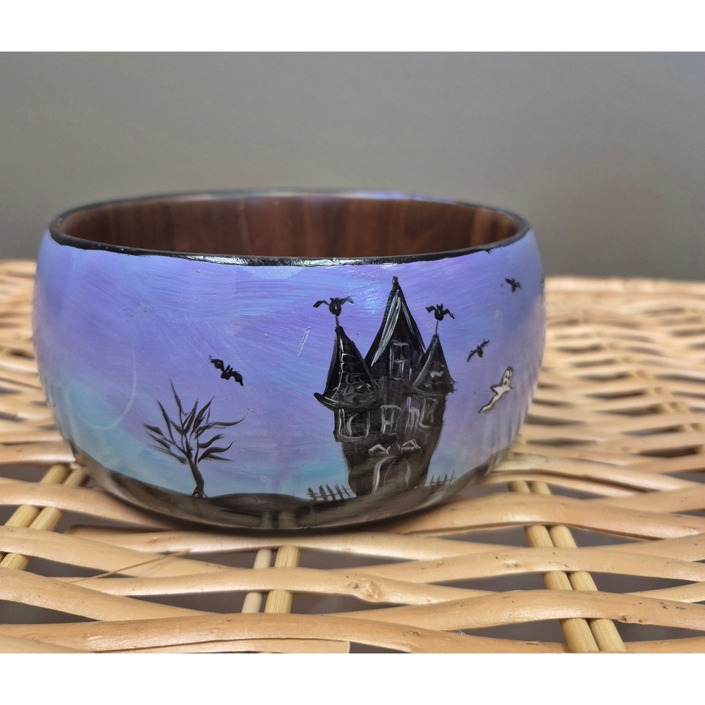 2007 Hand Painted Wood Halloween Bowl Haunted House Ghosts Folk Art Signed Gift